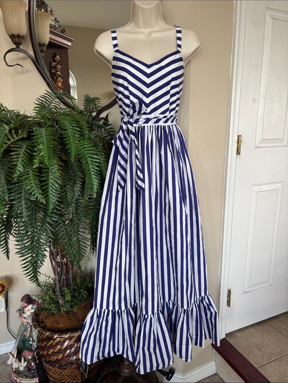 J. Crew Blue & White Striped Maxi Dress Tie Waist Cotton Nautical Ruffle Chevron